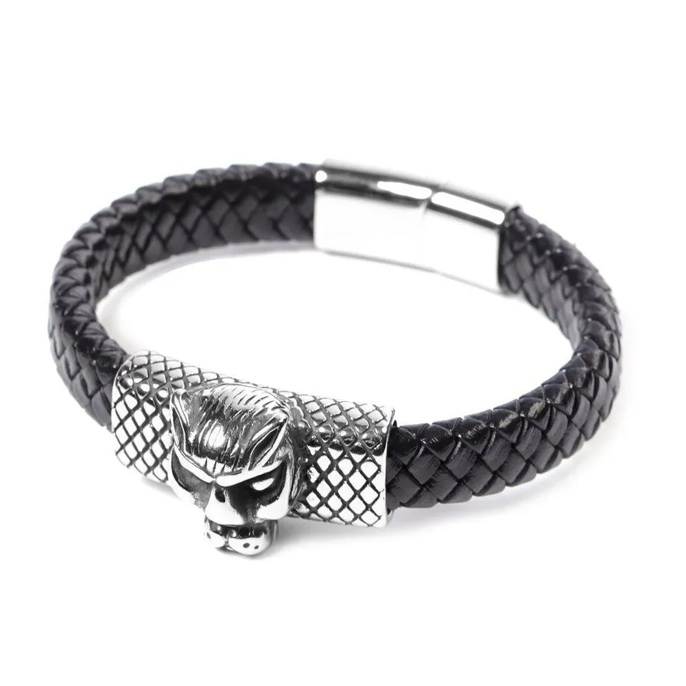 Leopard Bracelet Braided Leather Stainless Steel